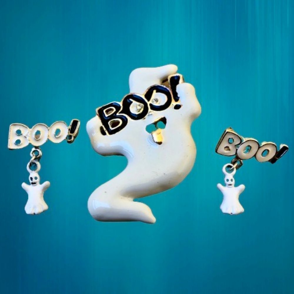 Halloween White Enamel Ghost Brooch + Dangle Earring BOO Set